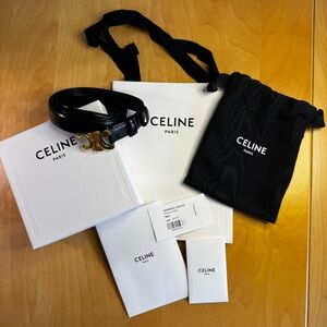 Celine Black Shiny Leather Gold Triomphe Belt • size 90cm